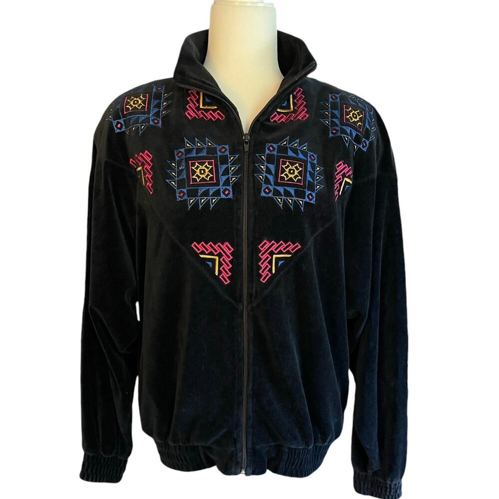 Vintage Womens Oleg Cassini 80s Black Velour Embroidered Retro Zip Jacket Medium